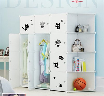 蔻絲衣櫃簡約現代塑料儲物整理兒童組合布藝組裝櫥收納櫃簡易衣櫃（12門8格2掛+轉角）