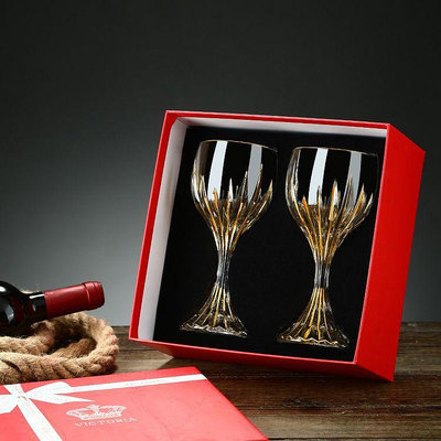 奢華水晶玻璃描金紅酒杯葡萄酒杯2只高腳杯酒具套裝送禮家用高檔