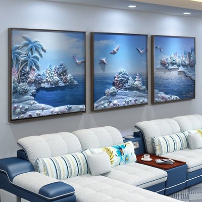 客廳掛畫沙發背景墻裝飾三聯畫現代立體山水風景畫3D浮雕畫海景畫