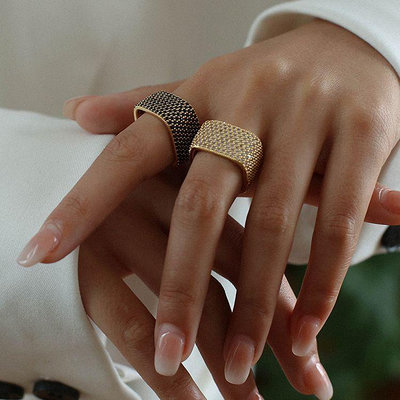 歐美個性方形微鑲滿鋯戒指女ins風時尚潮流冷淡風設計寬版戒指