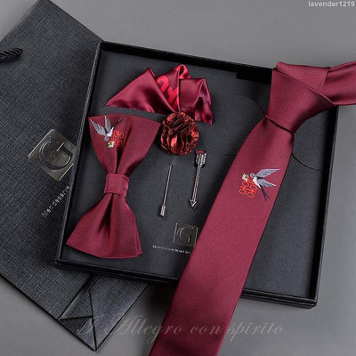喜鵲 紅色領帶男結婚喜慶領結男士手打結西裝口袋巾套裝送禮盒裝