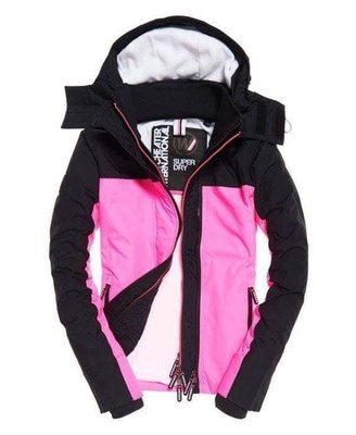 全新Superdry 極度乾燥 女款 連帽外套夾克 三層拉鍊 黑色拼螢光粉 S號.