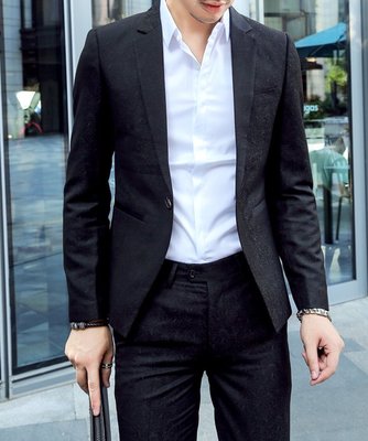 FINDSENSE品牌 四季款 新款 日本 男 高端 氣質暗花 商務 時尚 修身 西裝外套 西裝褲 兩件套 潮流西服套裝