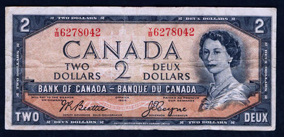加拿大 1954年版 （英國女王 伊麗莎白二世）7.5成左右品相！ 紙幣 紀念鈔 紙鈔【悠然居】268