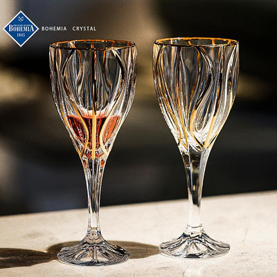 捷克BOHEMIA進口高檔描金紅酒杯輕奢家用水晶玻璃高腳杯一對禮盒