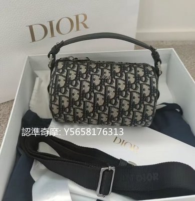 二手正品 Dior 迪奧 ROLLER Oblique 牛皮圓筒包/滾筒包 信使包刺綉老花款  mini