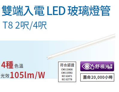 (LS)飛利浦 LED T8  雙端入電 玻璃燈管 19w 雙邊 燈管 全電壓 4尺 玻璃 燈管