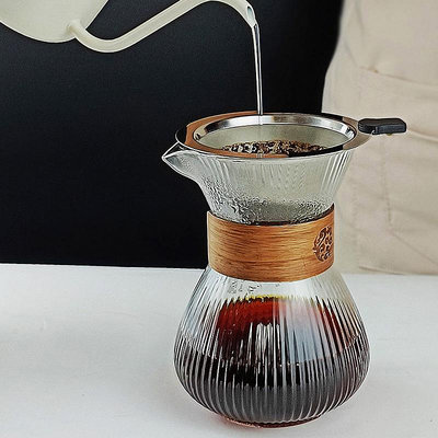 咖啡器具新款豎紋一體咖啡壺耐熱玻璃分享壺可加熱手沖咖啡壺套裝過濾器具