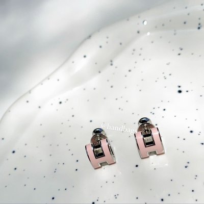 【翰貝格名牌館】全新真品 HERMES Mini POP 淺粉色 淡粉 H Logo 琺瑯 配銀 橢圓 針式耳環
