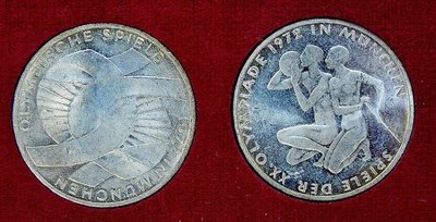AE636 德國1972年慕尼黑奧運會10MARK銀幣 共2枚F.D記 慕尼黑造幣廠原裝收藏盒