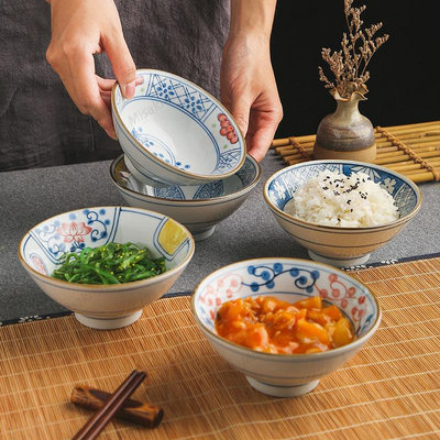 大埔馨明園陶瓷釉下彩手繪日式斗笠碗5英寸輕食小面碗便當飯菜碗-Misaki精品