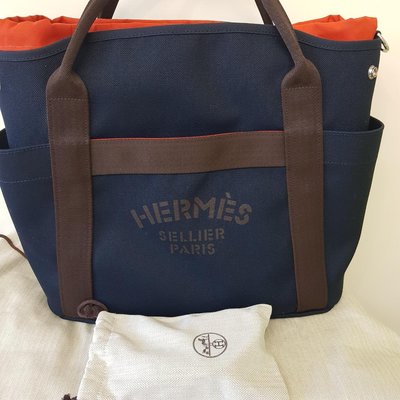 HERMES Grooming bag 購物包 媽媽包 公事包 海軍藍 Z刻 98新