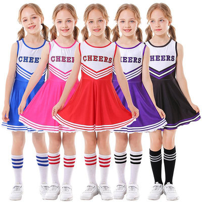 現貨兒童啦啦隊服 外貿貨源五色CHEERS無袖足球寶貝拉拉隊裙女配襪