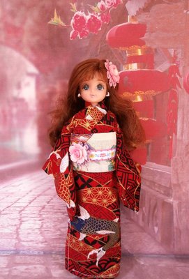 小禎ㄟ雜貨 莉卡娃娃服飾配件組 館主手製 莉卡和服 浴衣 娃娃和服 魚躍紅 ( 薇琪 小布 可穿)