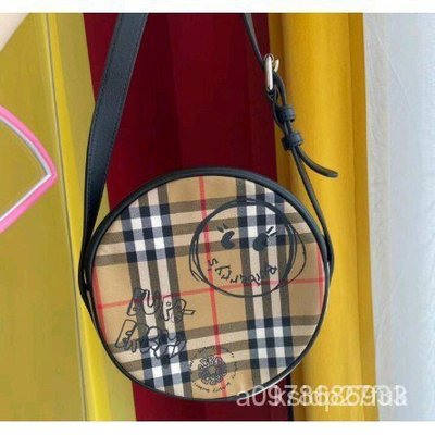 【日本二手】Burberry博柏利塗鴉帆布拼皮圓餅包單肩斜挎包