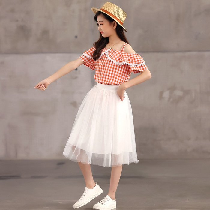 【TF5670】✿寶貝花園✿ 2021夏季新品 女童 中大童 格子衫+蓬蓬裙 二件套 套裝