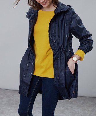 Miolla 英國品牌Joules 深藍色透明圓點防風防水薄款腰間繫帶風衣/外套
