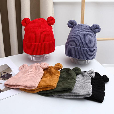 保暖羊毛帽子冬季可愛熊耳朵嬰兒針織帽 6-24 個月