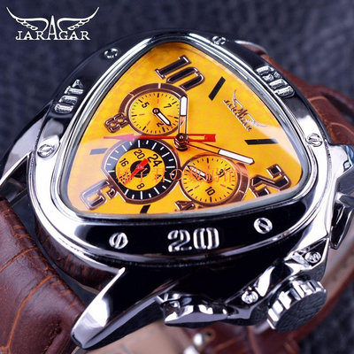 【橘子君の數碼館】Jaragar 運動時尚設計幾何三角錶殼棕色皮革錶帶 3 錶盤男士自動