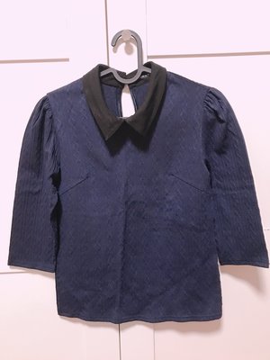 日本 one way 深藍 黑領 學院風 宮廷 袖 麻花 編織 針織衫