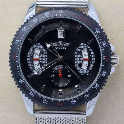 《寶萊精品》WINNER 銀黑色大圓型自動男子錶