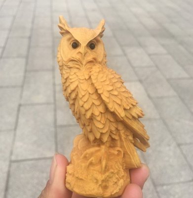 黃楊木貓頭鷹 可愛動物 木雕裝飾擺件