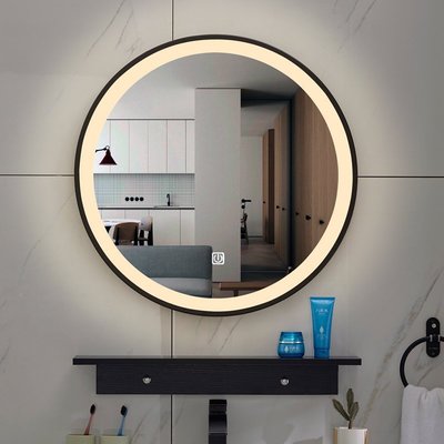 熱賣 北歐鐵藝框LED發光燈鏡洗手盆壁掛圓鏡衛浴智能鏡衛生間浴室鏡子