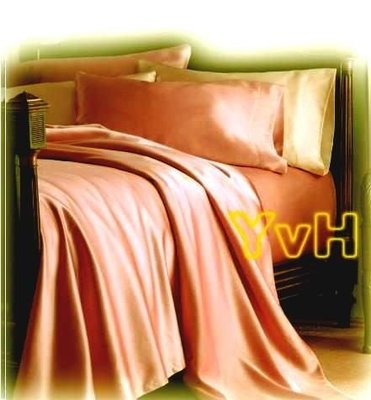==YvH==Caesar Silk 台灣長纖絲緞 粉橘色(桔) 雙人床包枕套組 全束鬆緊帶 可訂做尺寸(訂做款)