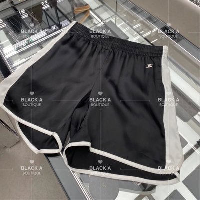 【BLACK A】精品 CELINE 2021 爆款凱旋門刺繡絲緞面運動短褲 黑色滾白邊