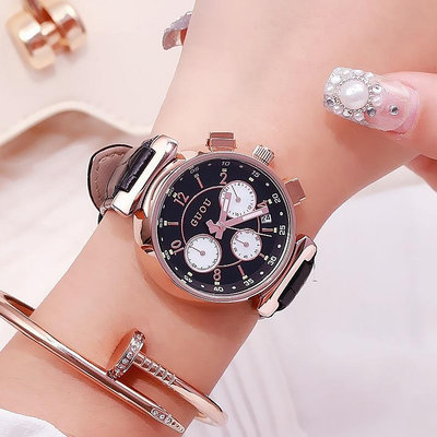 熱銷 古歐guou手錶腕錶時尚新款運動型石英機芯氣質皮帶三眼大錶盤手錶腕錶693 WG047