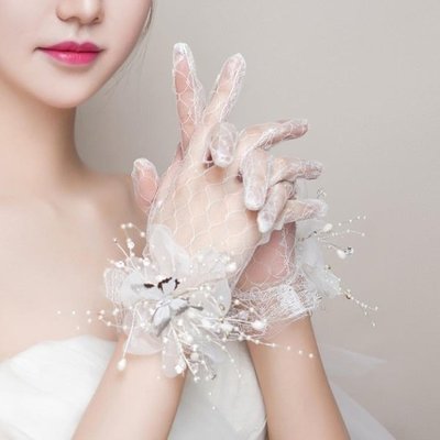 下殺 新娘手套結婚蕾絲很仙美花朵白色女薄款春夏拍照韓式婚紗手套舒影