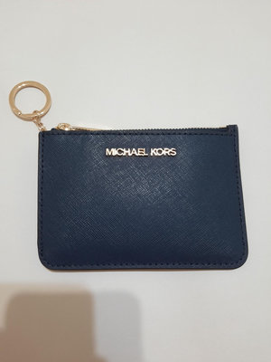 【真品】Michael Kors MK 深藍色十字紋防刮鑰匙零錢包