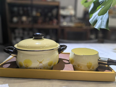 日本中古vintage 復古琺瑯搪瓷鍋 昭和印花雙耳搪瓷鍋（