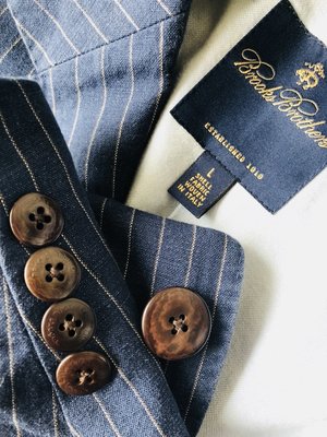 專櫃真品黑標【Brooks Brothers】深藍條紋100% 棉麻內裡格紋西裝外套