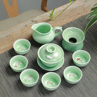 現貨熱銷-青瓷日式功夫茶具便捷整套茶具鯉魚茶杯茶壺蓋碗茶漏家用簡約辦公~特價
