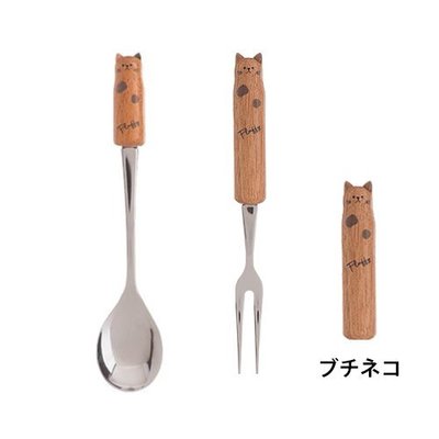 ＊小容容＊日本製 Fluffy 天然木動物造型木柄小叉子+湯匙(斑點貓)