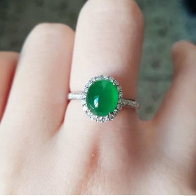 玉鐲 緬甸冰種陽綠翡翠戒指女帝王綠蛋面裸石指環戒面滿綠S925銀鑲嵌