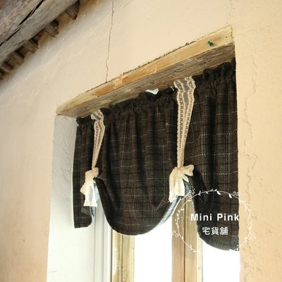 Mini Pink 宅貨舖--優雅復古風 灰色格紋 蕾絲雙繫帶提拉羅馬簾 穿桿式門簾【B986】訂製款