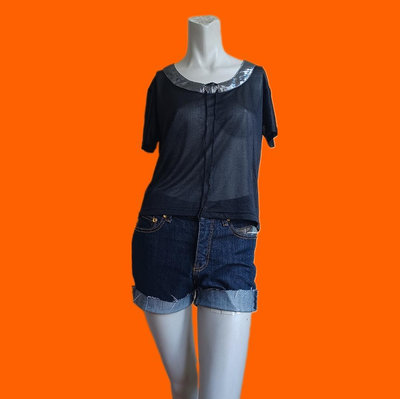 【Bjs啵古着】1980年代Kin Lee Fashion銀邊領黑色透視感短袖t恤絲紗雪紡上衣（25050267）