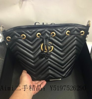 Aimi二手精品 GUCCI 古馳GG Marmont quilted leather 水桶包 476674 黑色 現貨