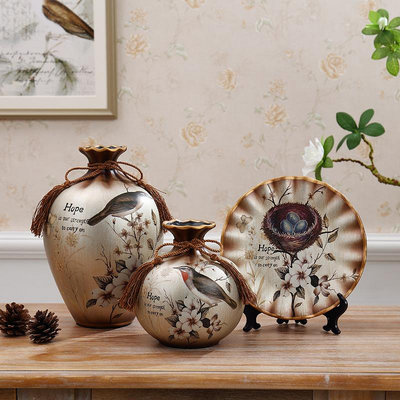 現代簡約創意陶瓷花瓶掛盤三件套歐式家居客廳辦公室裝飾花瓶擺飾