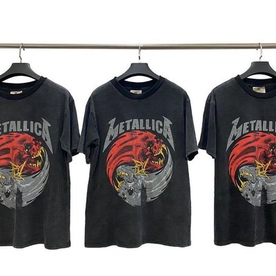 【熱賣精選】現貨免運Metallica陰陽鬼骷髏vintage水洗做舊男女同款高街短袖T恤潮牌