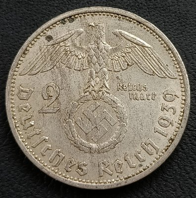 德國   1939年  A(柏林廠)  納粹德國   2馬克    興登堡    銀幣(62.5%銀)    1951
