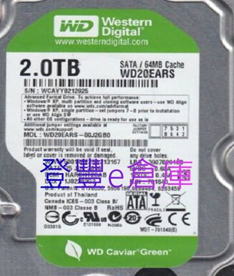 【登豐e倉庫】 YF310 WD20EARS-00J2GB0 2TB SATA2 硬碟