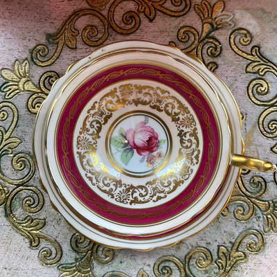 英國中古骨瓷帕拉貢paragon雙認證紅色金色玫瑰杯盤