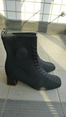 英倫風 馬丁靴 毛線彈性靴 粗跟短靴 黑色 38號