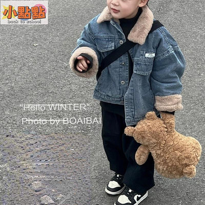 【小點點】兒童牛仔外套 寶寶Polo領上衣 韓國童裝 中兒童素色單排扣冬季防風長袖上衣 男童舒適百搭加厚保暖外套