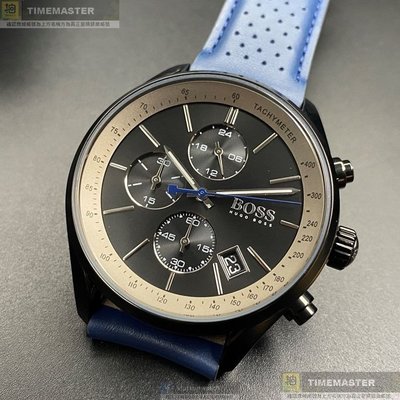 BOSS手錶,編號HB1513563,44mm黑圓形精鋼錶殼,鐵灰三眼錶面,寶藍真皮皮革錶帶款,閃亮度冠絕全場!