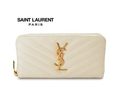 Saint Laurent Paris YSL(米白色×金屬金色) 真皮壓紋拉鍊長夾 皮夾 錢包｜100%全新正品