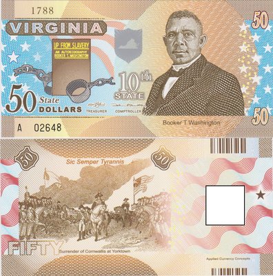萬福古錢幣收藏家（可議價）全新2015年 美國 50 弗吉尼亞州 塑料鈔 第十州 布克·華盛頓